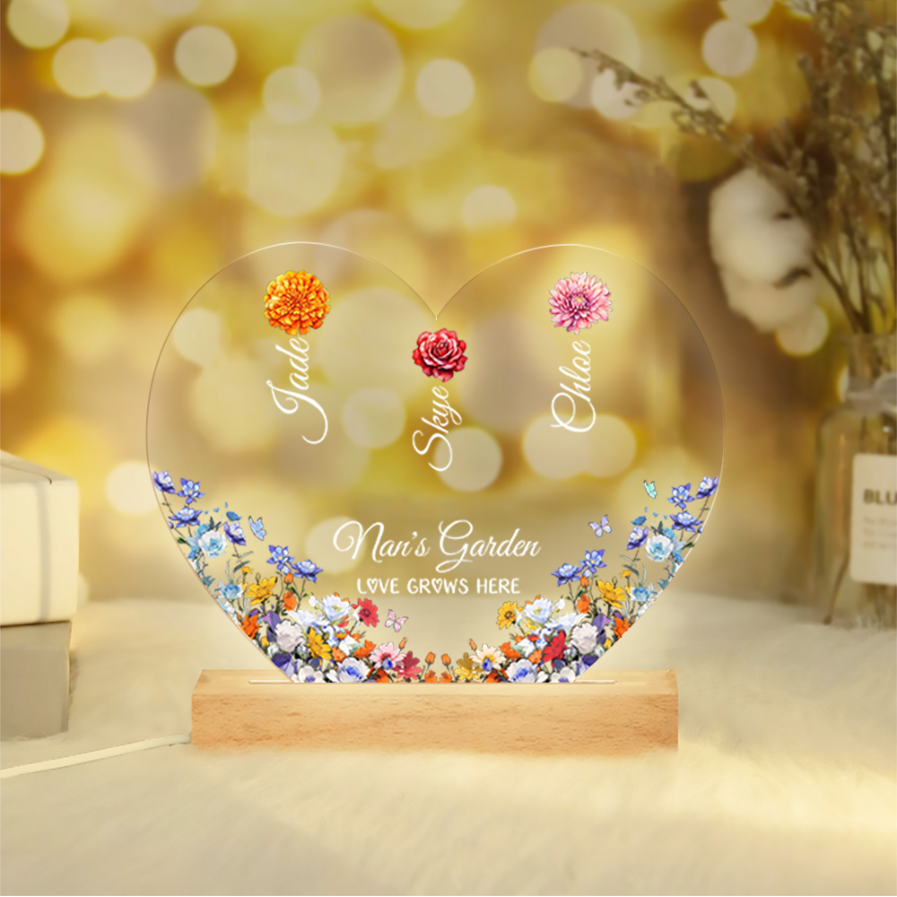 Personalised Heart Acrylic Plaque, Custom 1-8 Names Floral LED Night Light Gift For Her | Jessemade