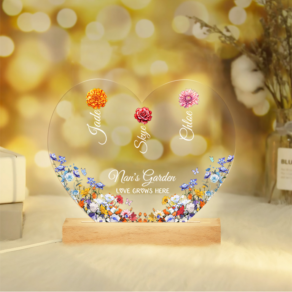 Personalised Heart Acrylic Plaque, Custom 1-8 Names Floral LED Night L