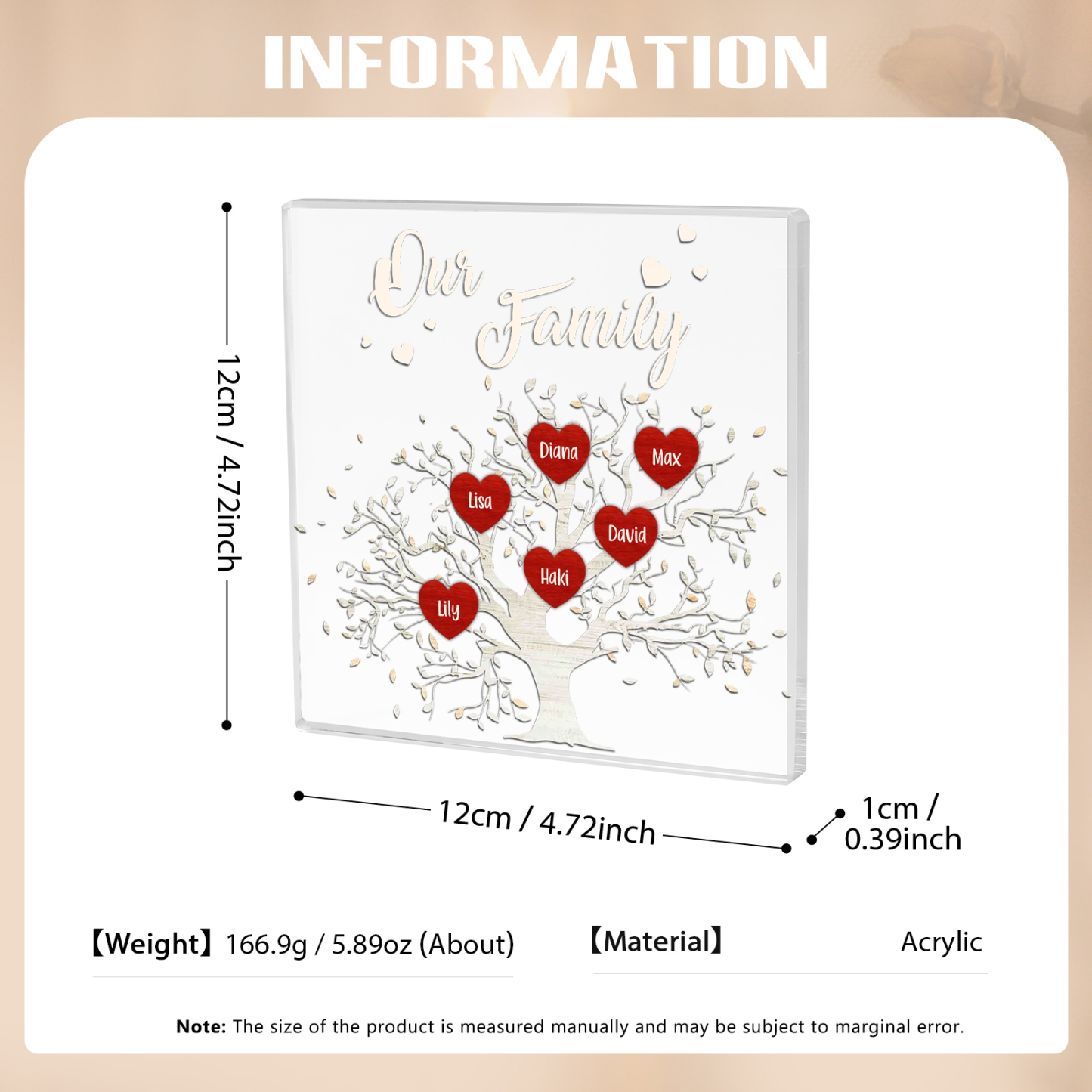 6 Names-Personalised Acrylic Family Tree Keepsake-Custom Text and Names-Acrylic Plaque Home Decoration Gift for Dad/Grandad