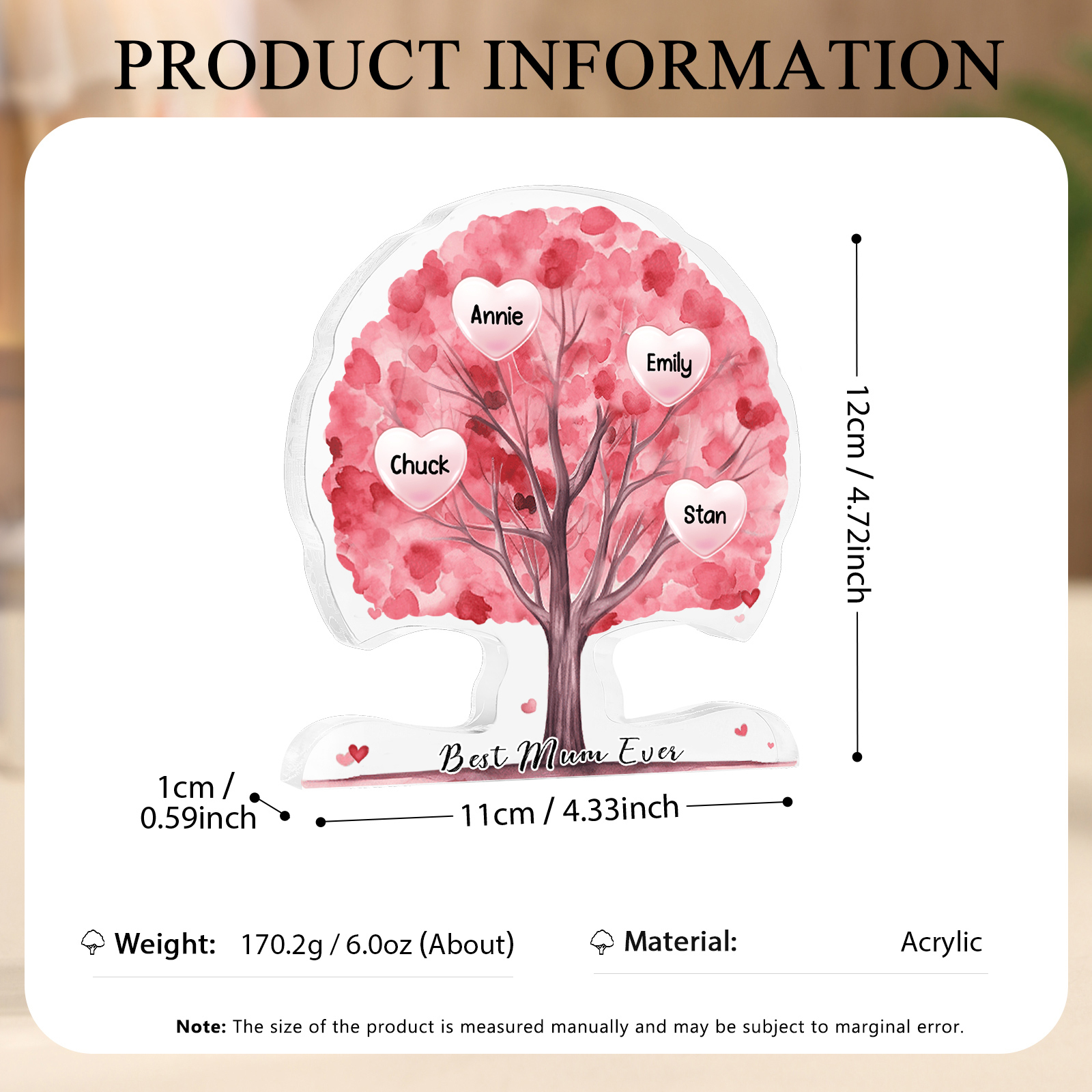 Personalised Heart Family Tree Ornament – Custom 4 Names & 1 Text – Unique Mother's Day Gift for Her | Jessemade