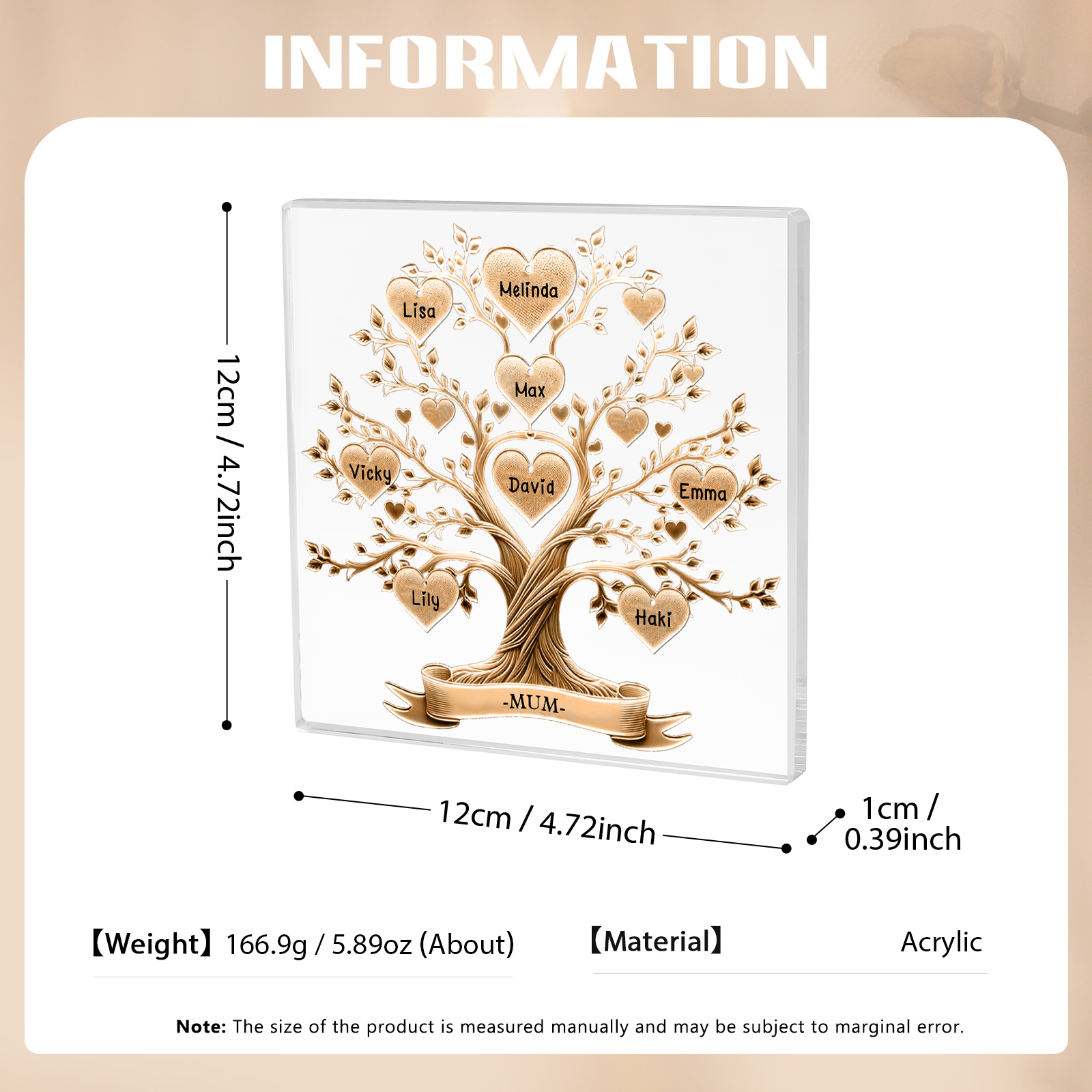 8 Names-Personalised Family Tree Acrylic Keepsake-Custom Text and Names-Acrylic Plaque Home Decoration Gift for Family/Dad/Grandad