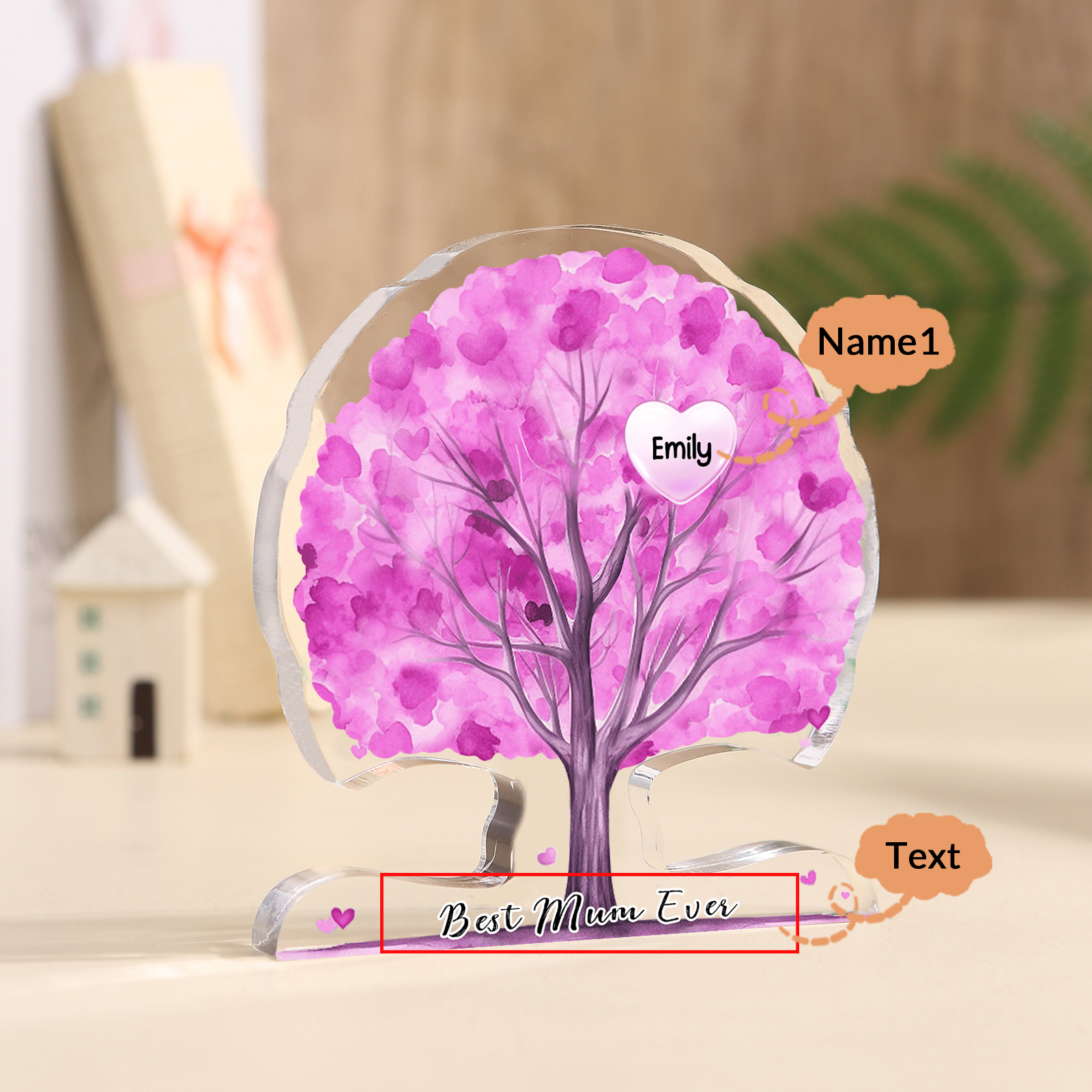 Personalised Heart Family Tree Ornament – Custom 1 Name & Text - "Best Mum Ever" – Unique Mother's Day Gift for Her | Jessemade