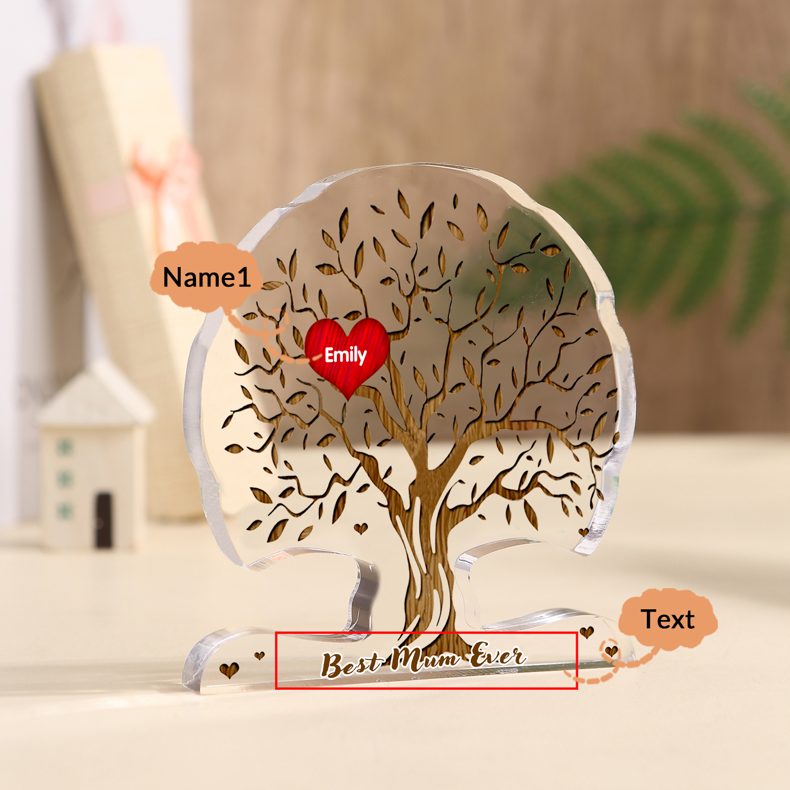 Personalised Heart Family Tree Ornament – Custom 1 Name & Text - "Best Mum Ever" – Unique Mother's Day Gift for Her | Jessemade