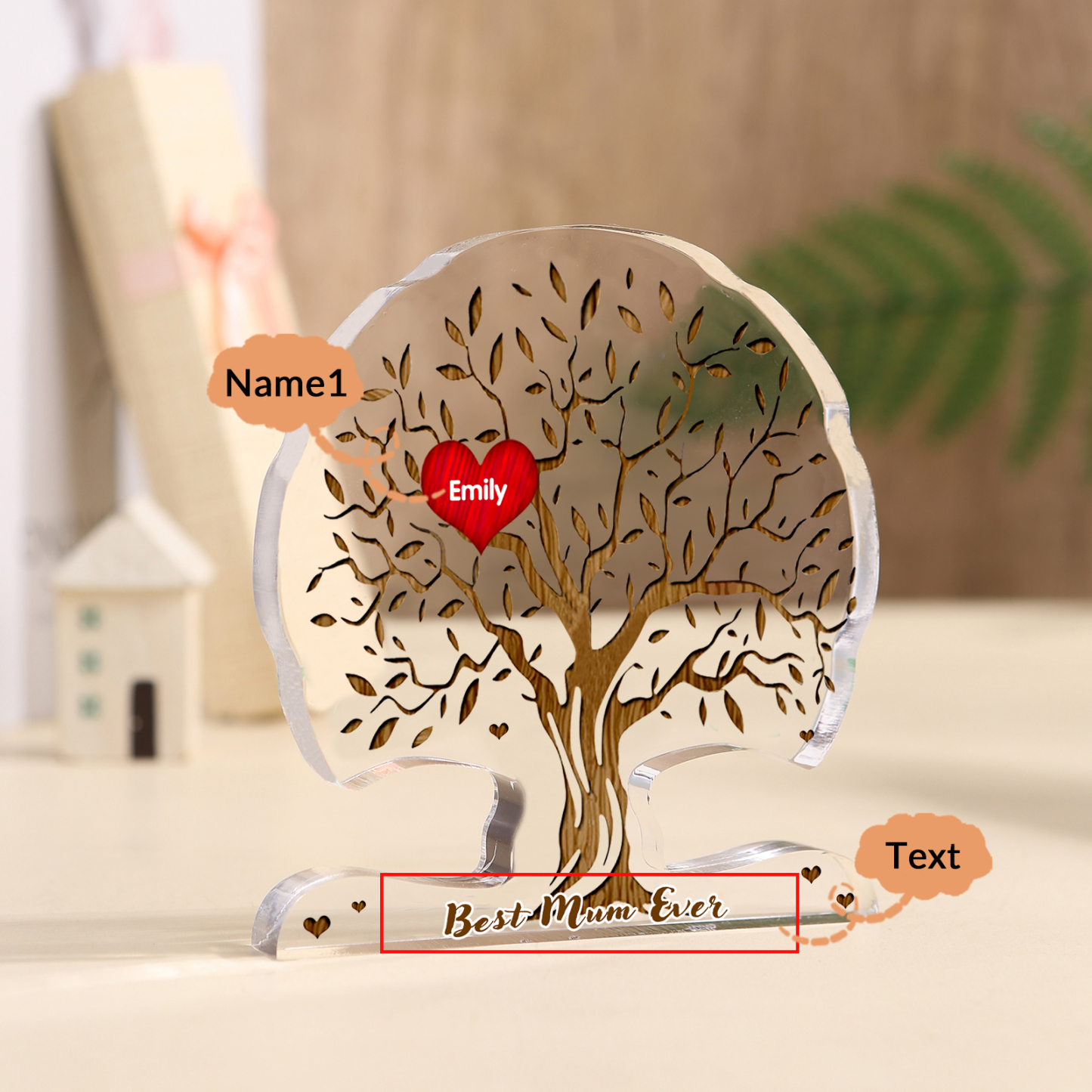 Personalised Heart Family Tree Ornament – Custom 1 Name & Text - "Best Mum Ever" – Unique Mother's Day Gift for Her | Jessemade