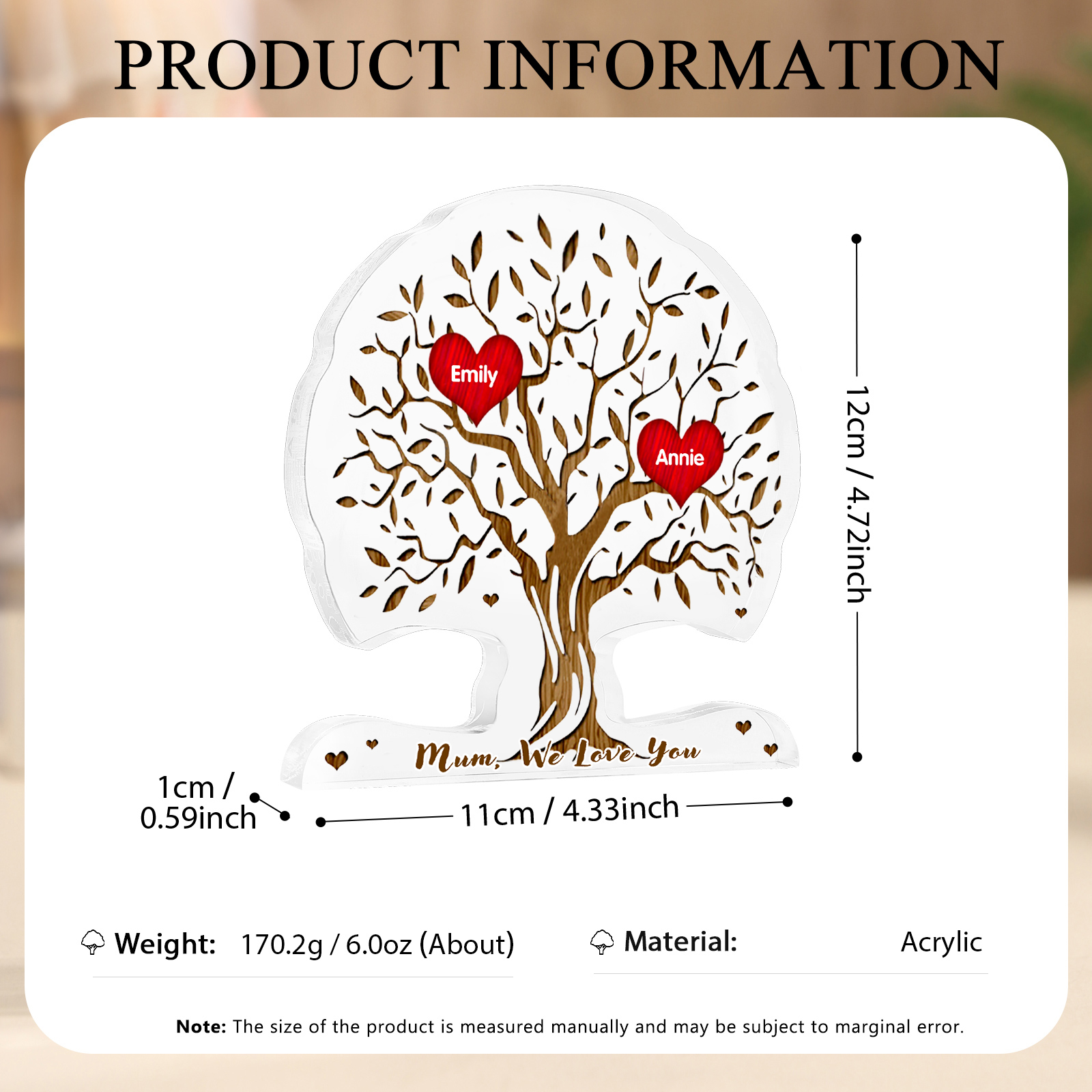 Personalised Heart Family Tree Ornament – Custom 2 Names & 1 Text – 3 Styles Available - Unique Mother's Day Gift for Her | Jessemade