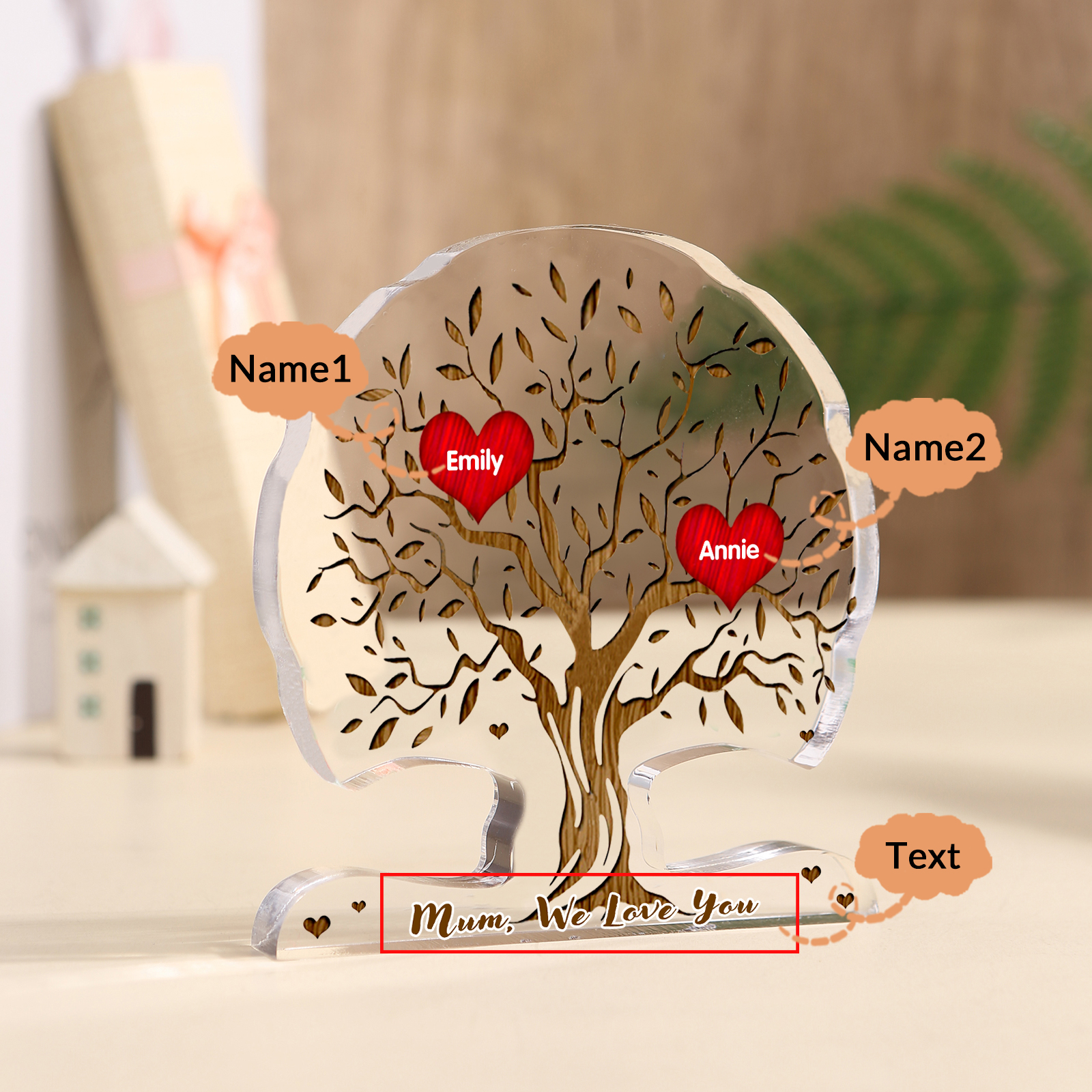 Personalised Heart Family Tree Ornament – Custom 2 Names & 1 Text – 3 Styles Available - Unique Mother's Day Gift for Her | Jessemade