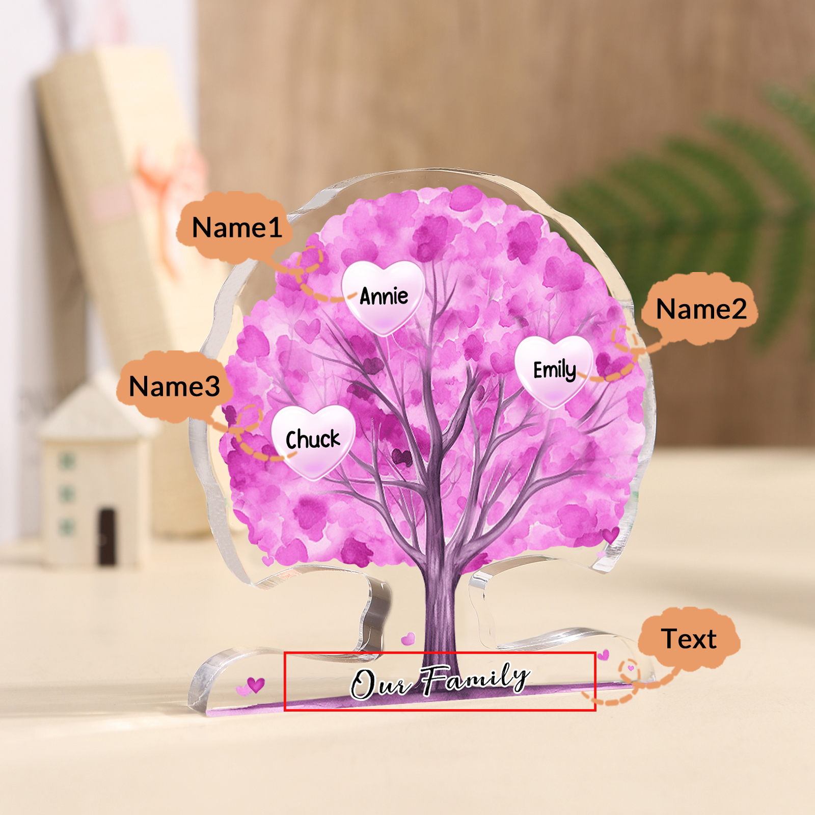 Personalised Heart Family Tree Ornament – Custom 3 Names & 1 Text – "Our Family" - Unique Mother's Day Gift for Her | Jessemade