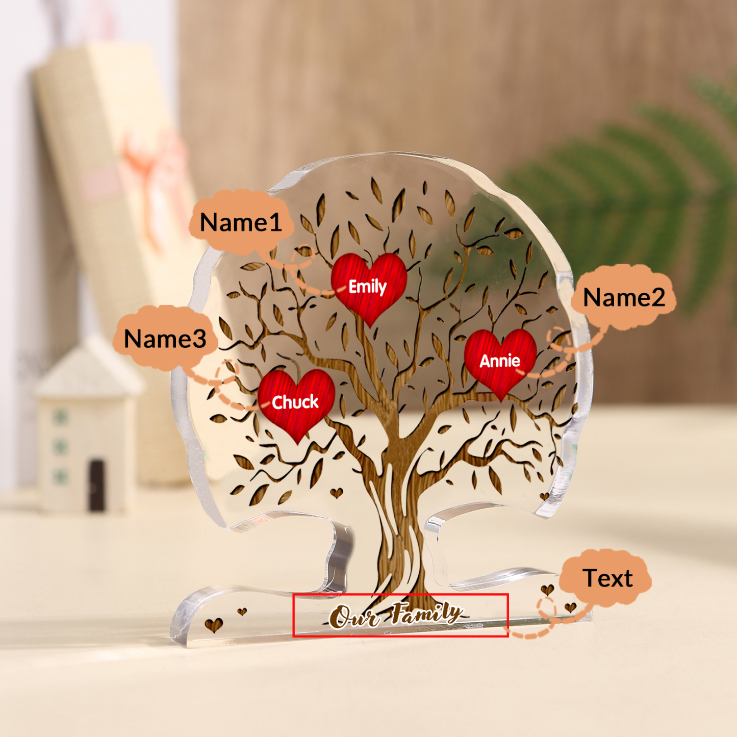 Personalised Heart Family Tree Ornament – Custom 3 Names & 1 Text – "Our Family" - Unique Mother's Day Gift for Her | Jessemade
