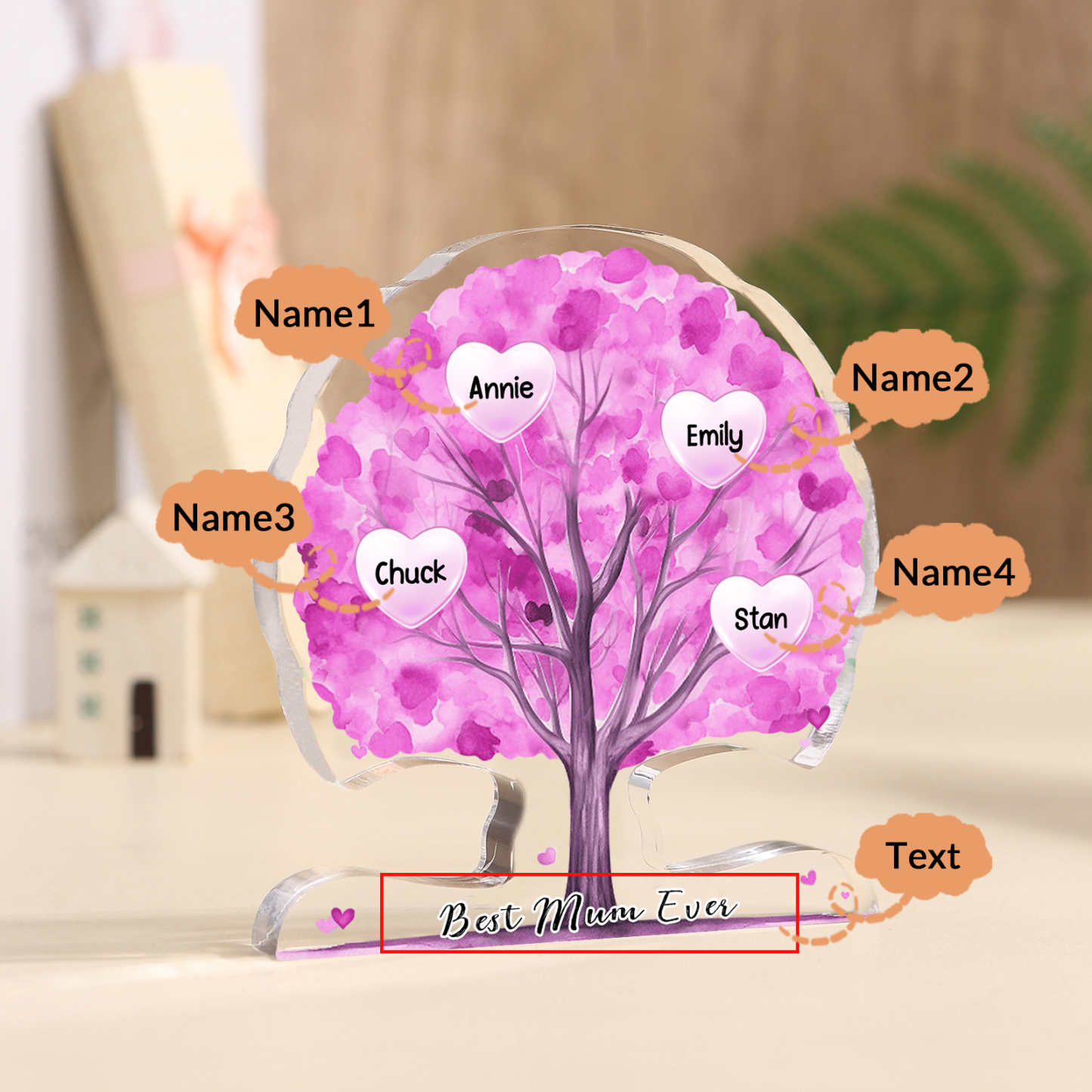Personalised Heart Family Tree Ornament – Custom 4 Names & 1 Text – Unique Mother's Day Gift for Her | Jessemade