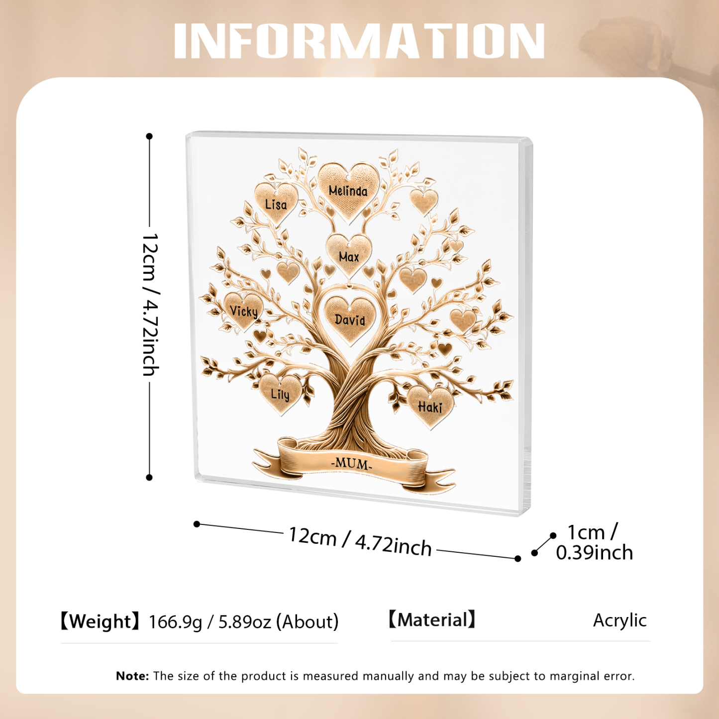 7 Names-Personalised Family Tree Acrylic Keepsake-Custom Text and Names-Acrylic Plaque Home Decoration Gift for Family/Dad/Grandad
