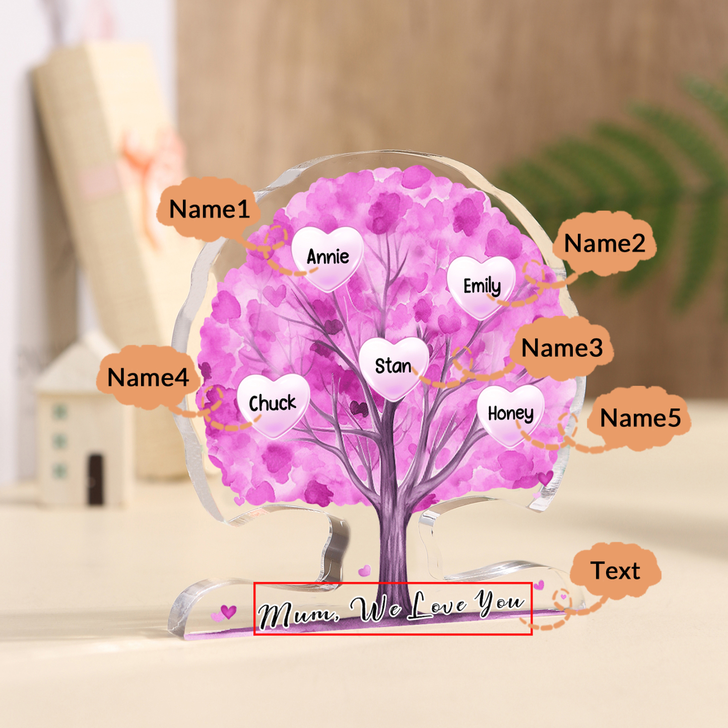 Personalised Heart Family Tree Ornament – Custom 5 Names & 1 Text – Unique Mother's Day Gift for Her | Jessemade