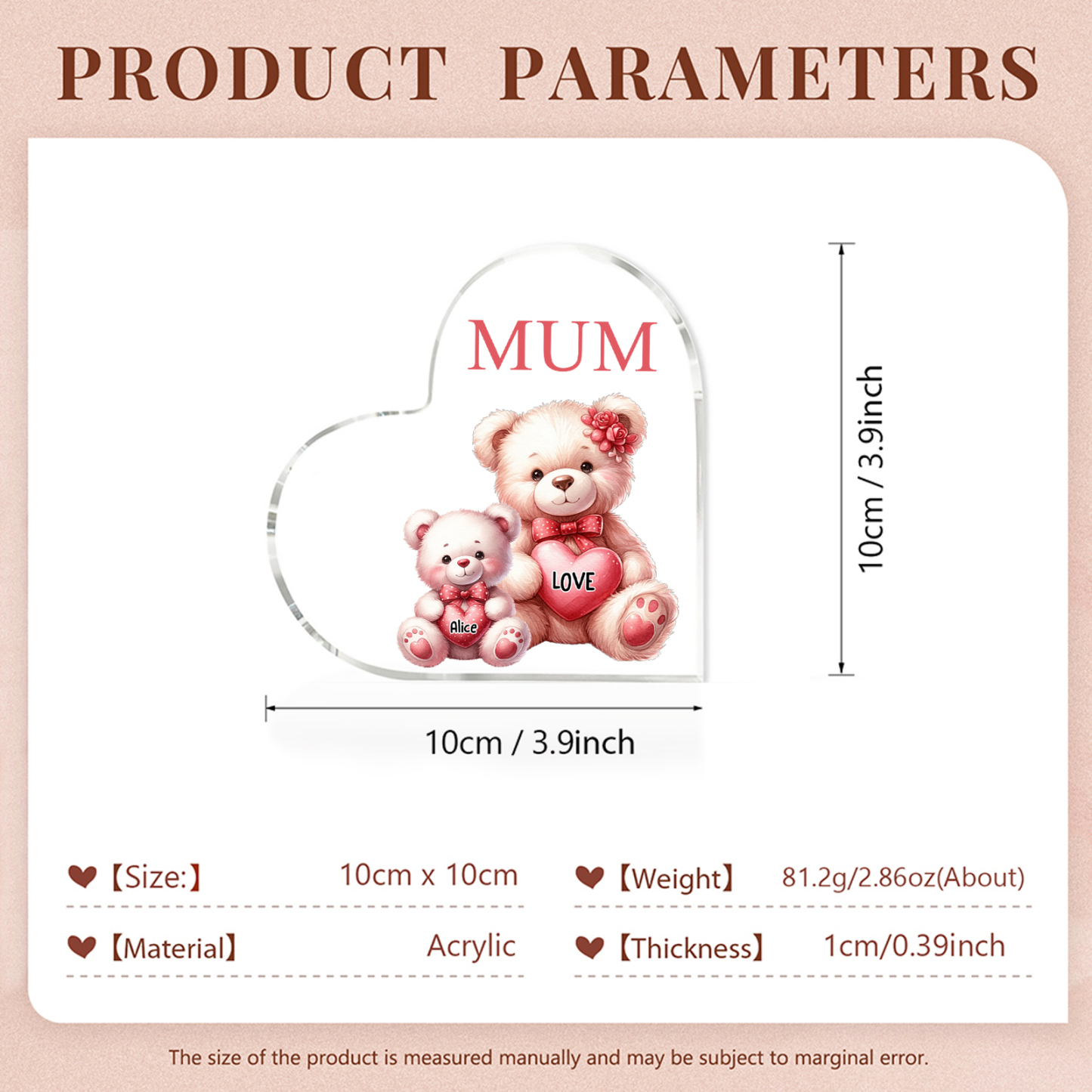 Personalised 1 Name&1Text Bear Heart-Shaped Acrylic Plaque – Custom Family Ornament Gift for Mum/Nan | Jessemade
