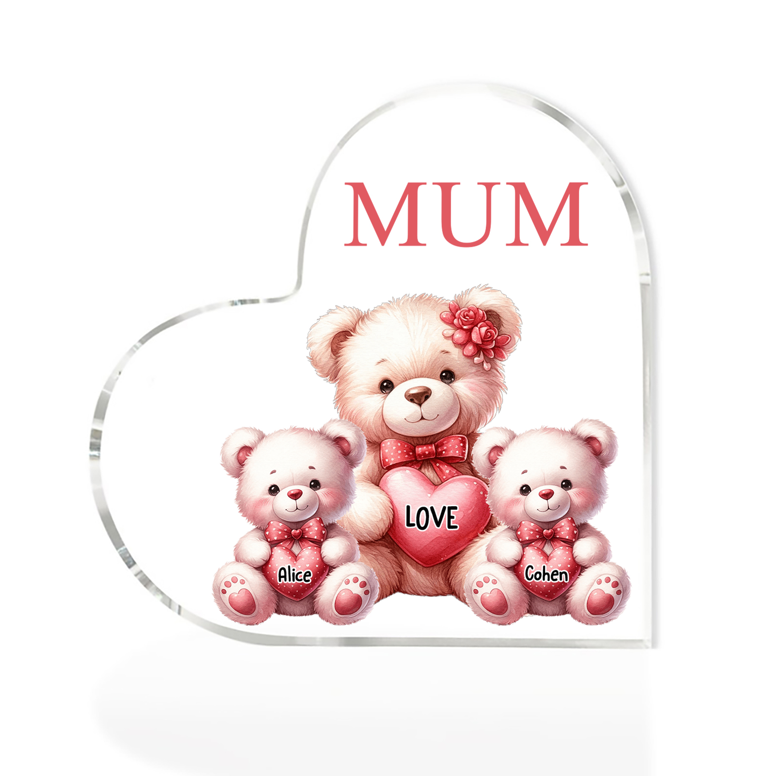 Personalised 2 Names&1Text Bear Heart-Shaped Acrylic Plaque – Custom Family Ornament Gift for Mum/Nan | Jessemade