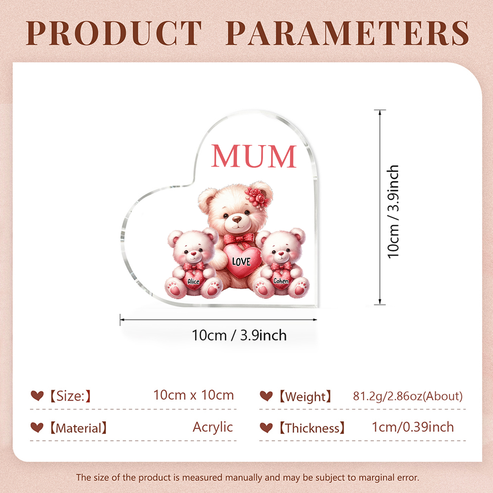 Personalised 2 Names&1Text Bear Heart-Shaped Acrylic Plaque – Custom Family Ornament Gift for Mum/Nan | Jessemade
