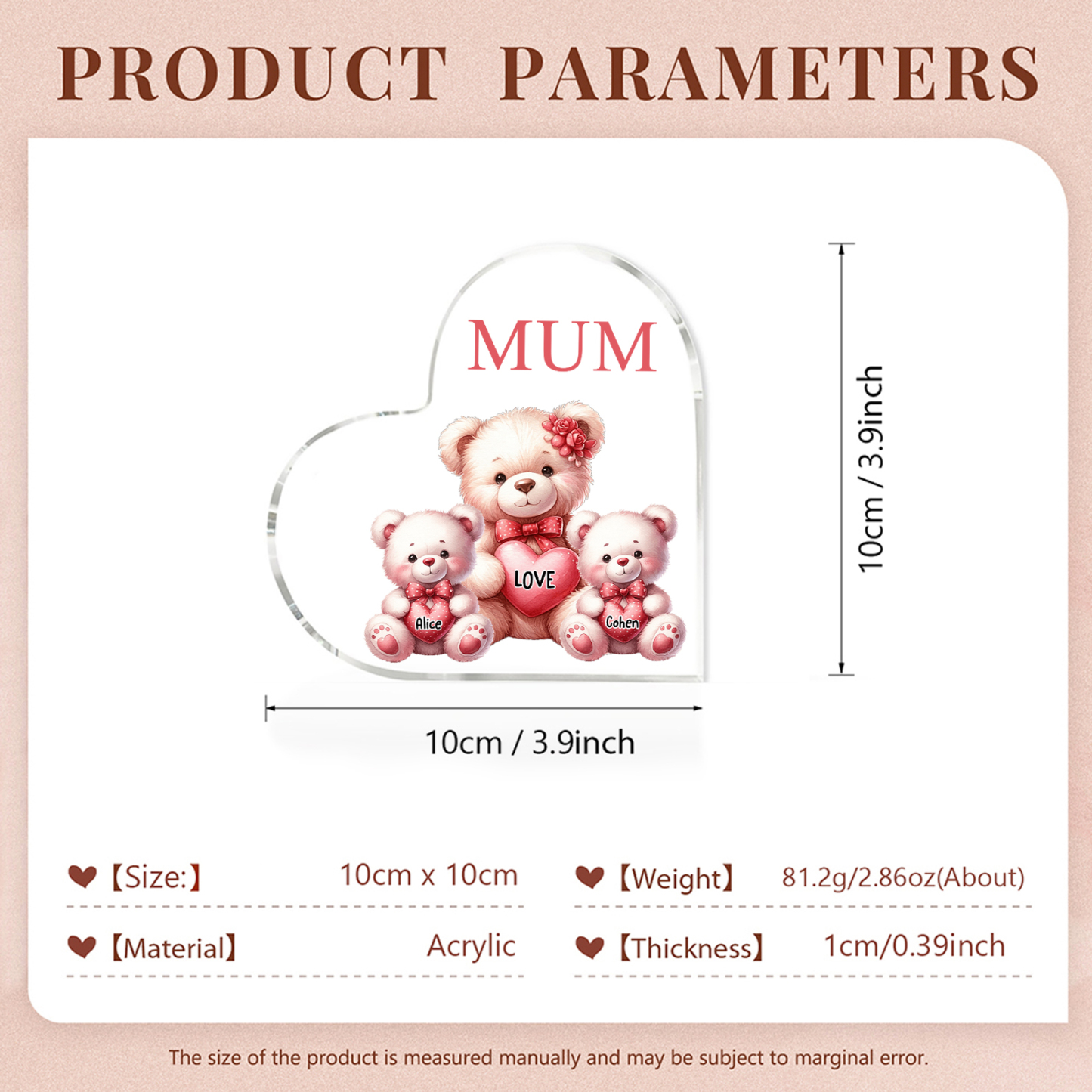 Personalised 2 Names&1Text Bear Heart-Shaped Acrylic Plaque – Custom Family Ornament Gift for Mum/Nan | Jessemade