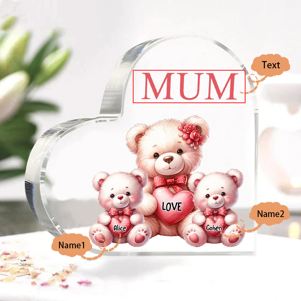 Personalised 2 Names&1Text Bear Heart-Shaped Acrylic Plaque – Custom Family Ornament Gift for Mum/Nan | Jessemade