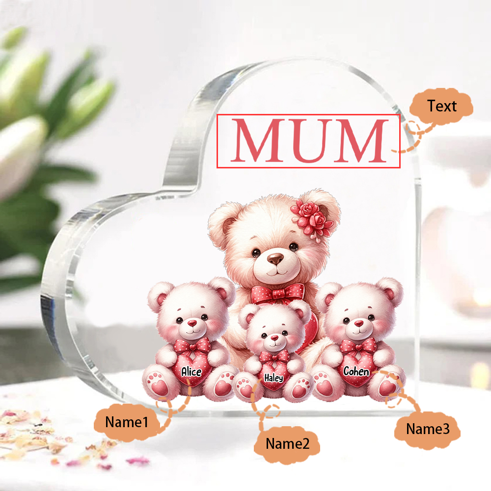 Personalised 3 Names&1Text Bear Heart-Shaped Acrylic Plaque – Custom Family Ornament Gift for Mum/Nan | Jessemade