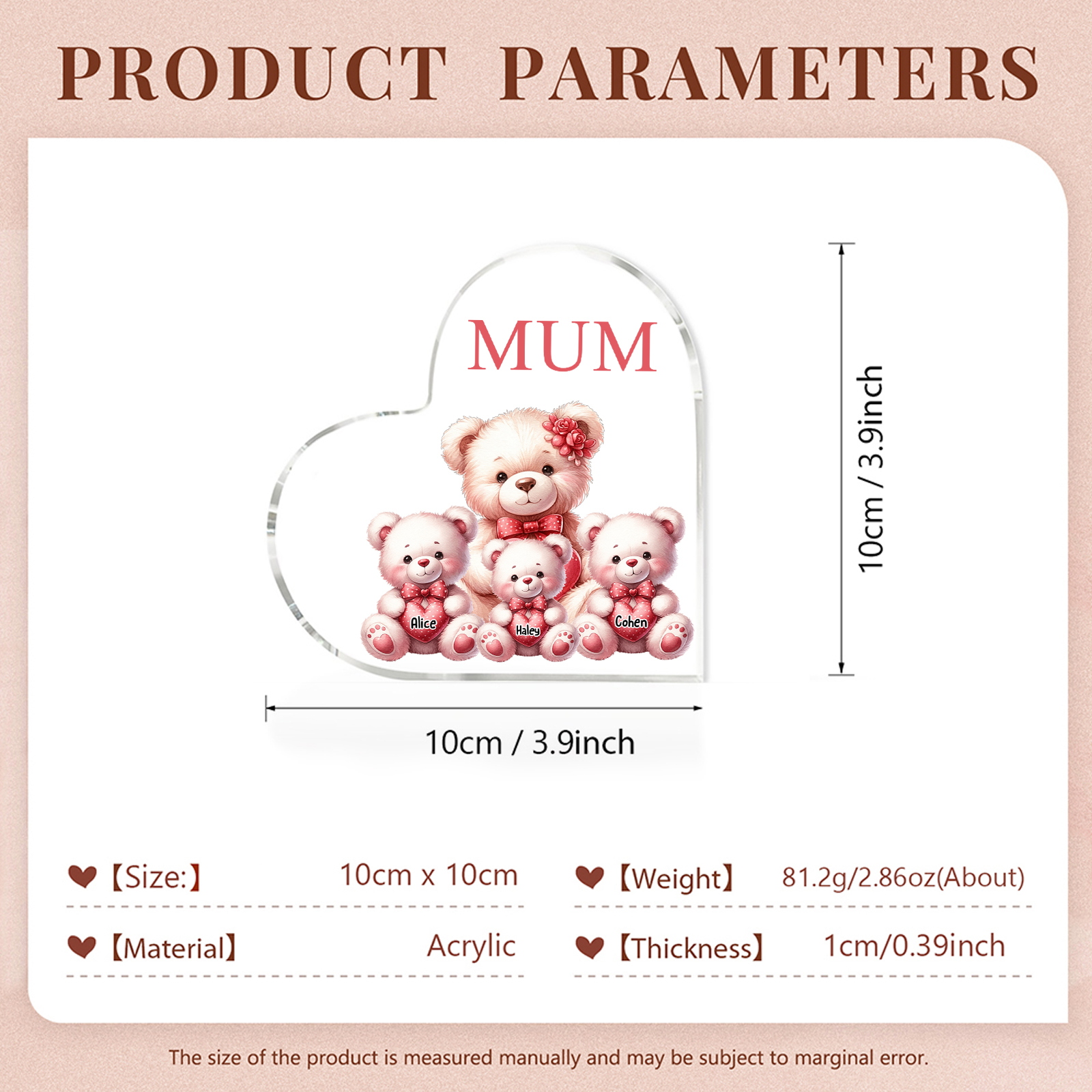 Personalised 3 Names&1Text Bear Heart-Shaped Acrylic Plaque – Custom Family Ornament Gift for Mum/Nan | Jessemade