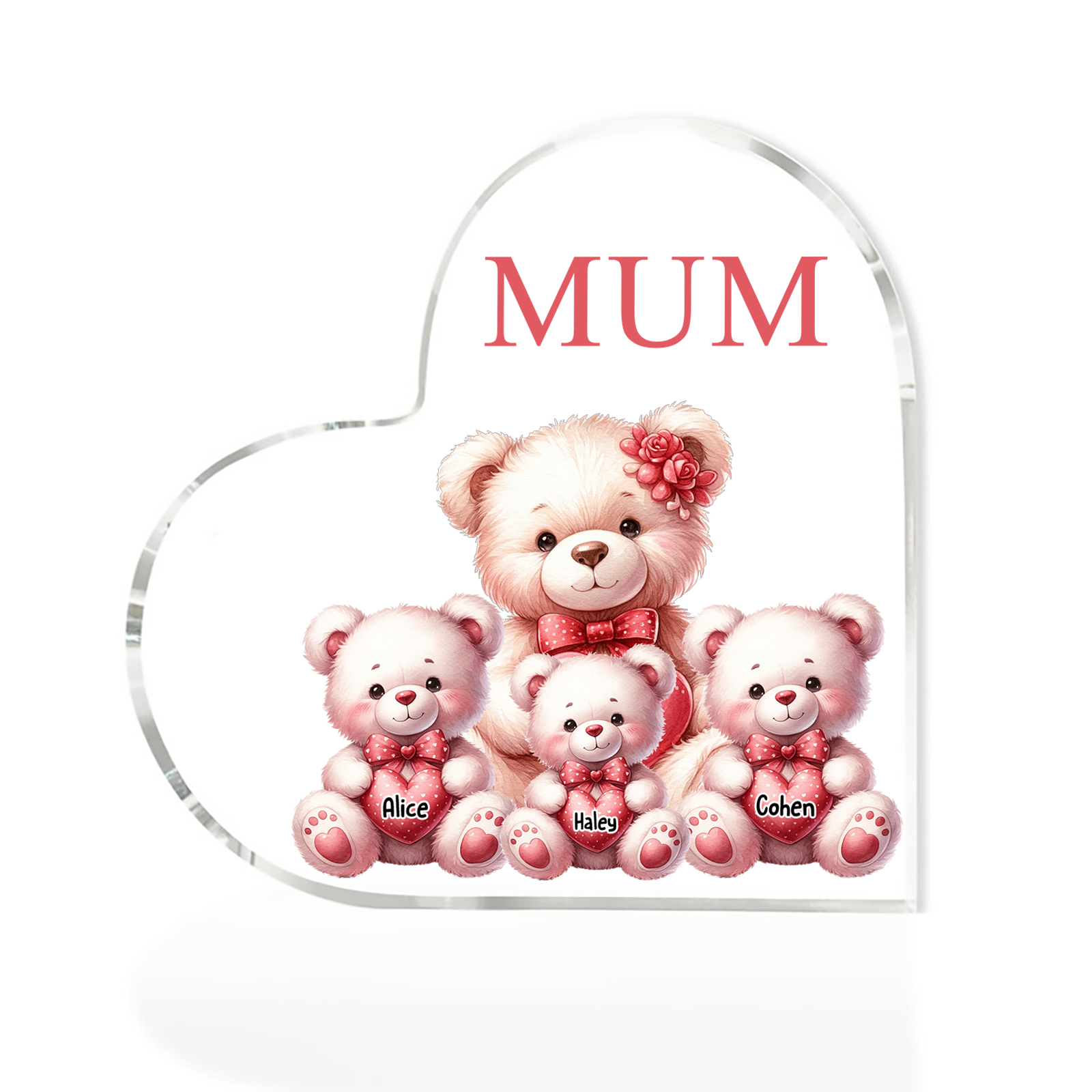 Personalised 3 Names&1Text Bear Heart-Shaped Acrylic Plaque – Custom Family Ornament Gift for Mum/Nan | Jessemade