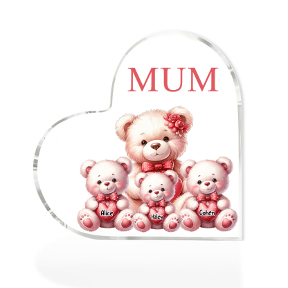 Personalised 3 Names&1Text Bear Heart-Shaped Acrylic Plaque – Custom Family Ornament Gift for Mum/Nan | Jessemade