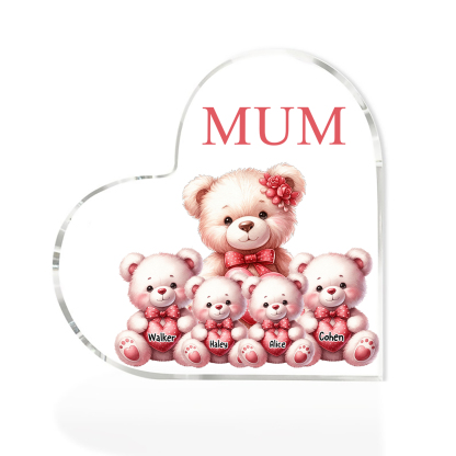 Personalised 4 Names&1Text Bear Heart-Shaped Acrylic Plaque – Custom Family Ornament Gift for Mum/Nan | Jessemade