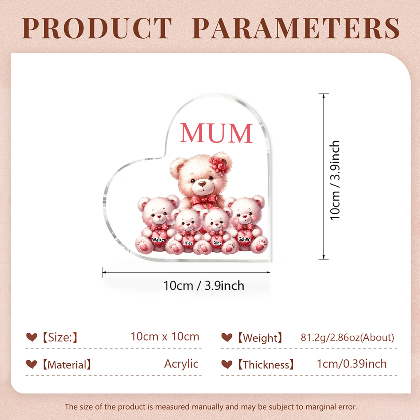 Personalised 4 Names&1Text Bear Heart-Shaped Acrylic Plaque – Custom Family Ornament Gift for Mum/Nan | Jessemade