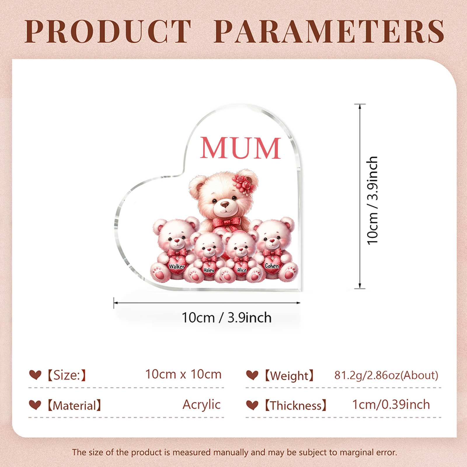 Personalised 4 Names&1Text Bear Heart-Shaped Acrylic Plaque – Custom Family Ornament Gift for Mum/Nan | Jessemade