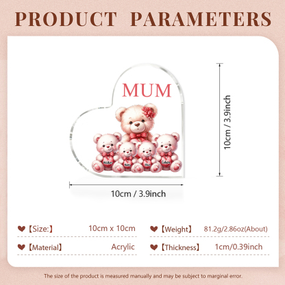 Personalised 4 Names&1Text Bear Heart-Shaped Acrylic Plaque – Custom Family Ornament Gift for Mum/Nan | Jessemade