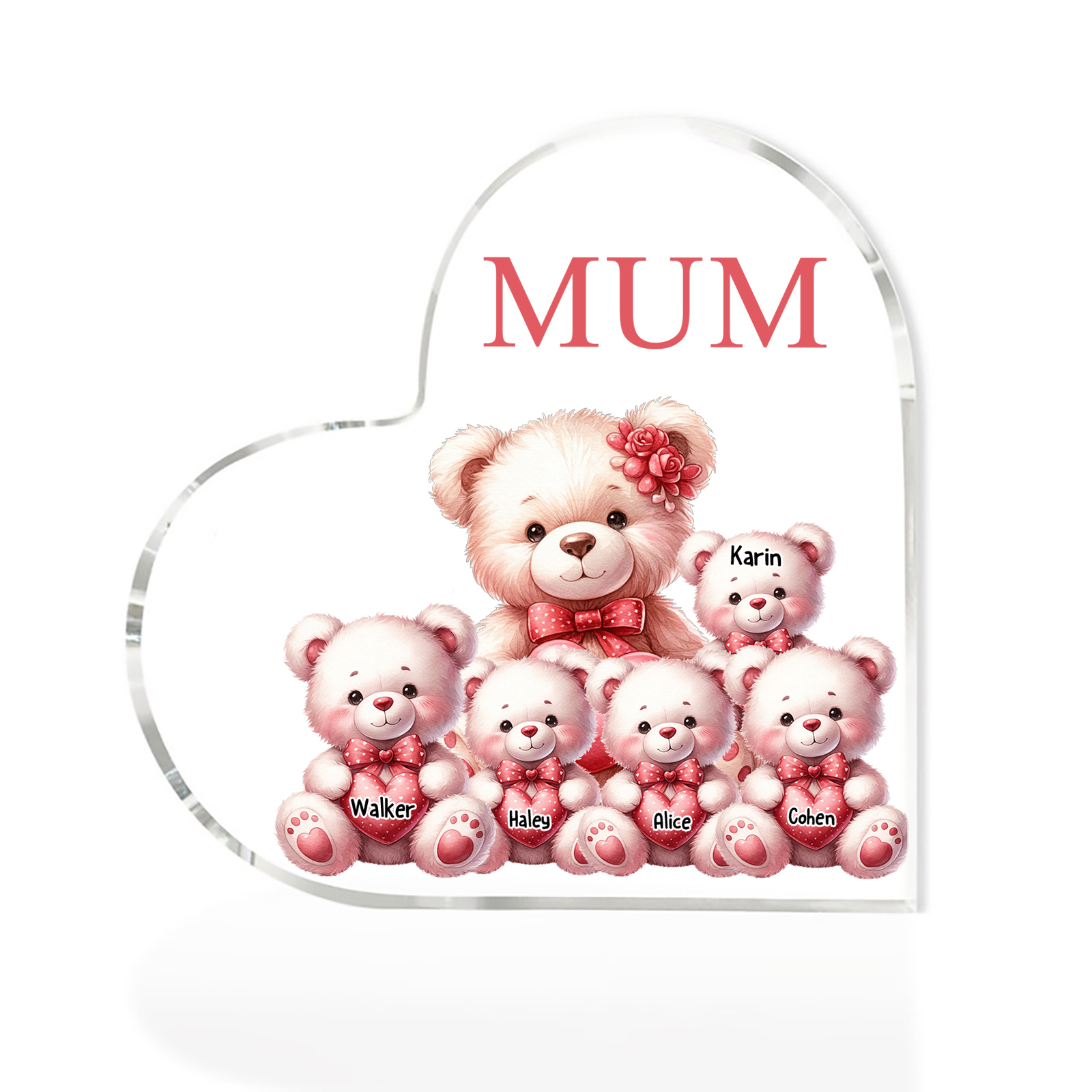 Personalised 5 Names&1Text Bear Heart-Shaped Acrylic Plaque – Custom Family Ornament Gift for Mum/Nan | Jessemade