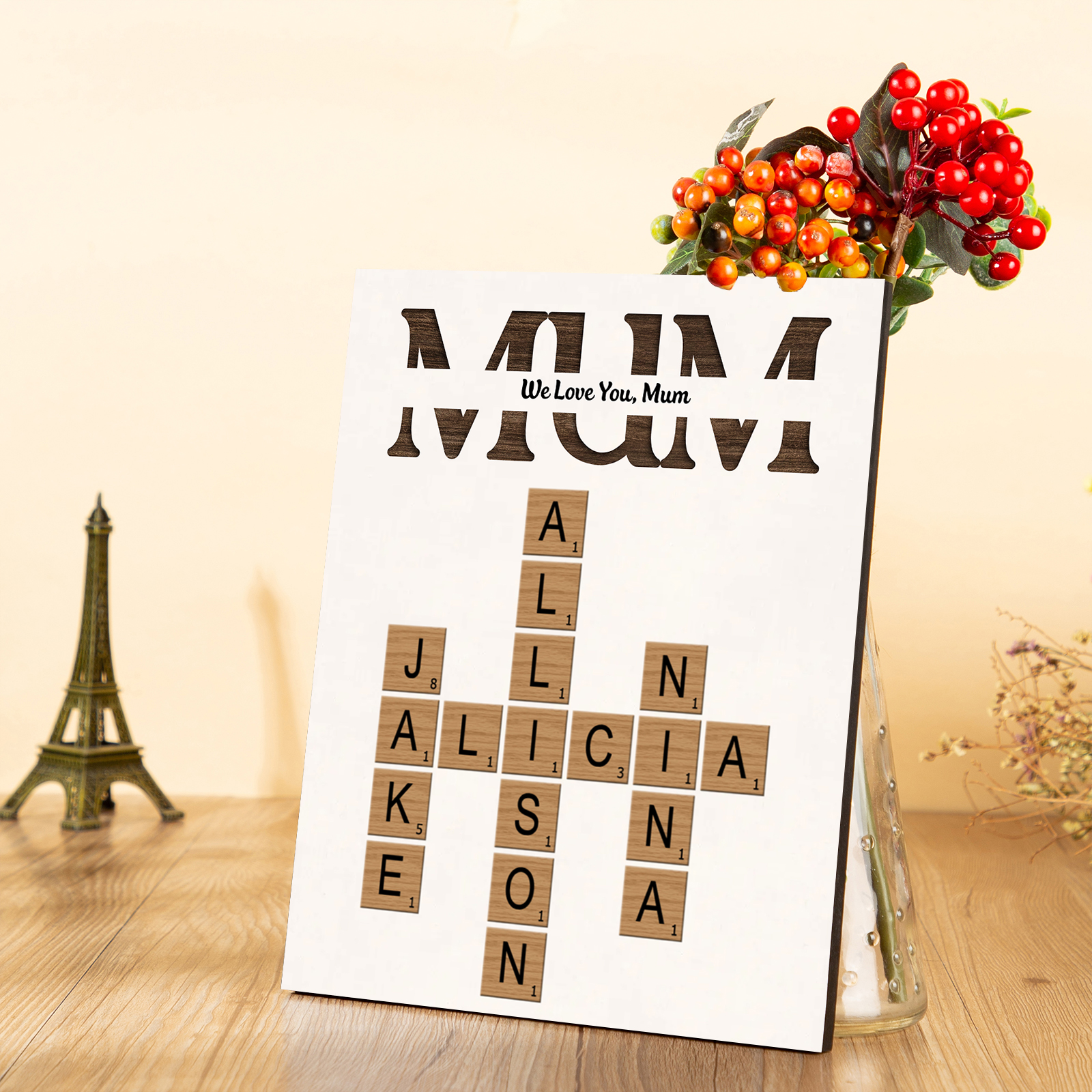 Personalised Crossword Wooden Ornament – with Custom 2-12 Names – "First Mum, Now Grandmother" – Unique Gift for Mum | Jessemade