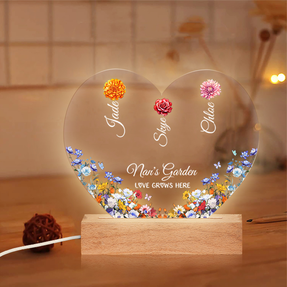 Personalised Heart Acrylic Plaque, Custom 1-8 Names Floral LED Night Light Gift For Her | Jessemade