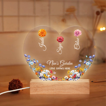 Personalised Heart Acrylic Plaque, Custom 1-8 Names Floral LED Night Light Gift For Her | Jessemade