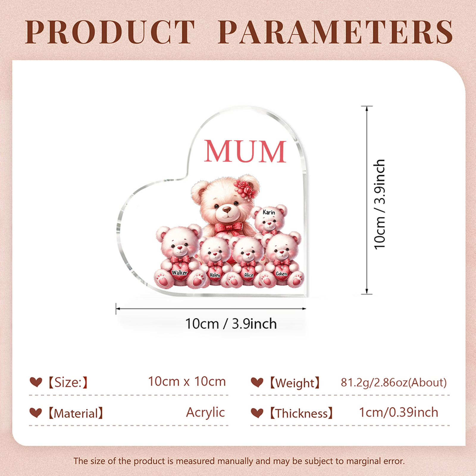 Personalised 5 Names&1Text Bear Heart-Shaped Acrylic Plaque – Custom Family Ornament Gift for Mum/Nan | Jessemade