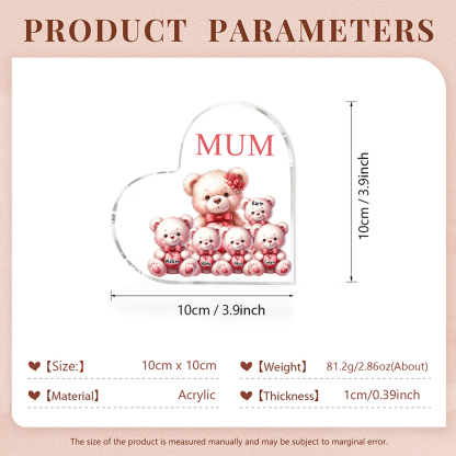 Personalised 5 Names&1Text Bear Heart-Shaped Acrylic Plaque – Custom Family Ornament Gift for Mum/Nan | Jessemade
