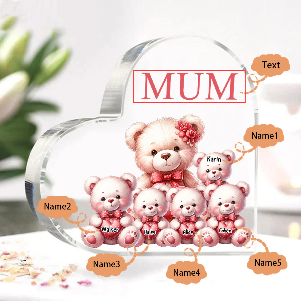 Personalised 5 Names&1Text Bear Heart-Shaped Acrylic Plaque – Custom Family Ornament Gift for Mum/Nan | Jessemade