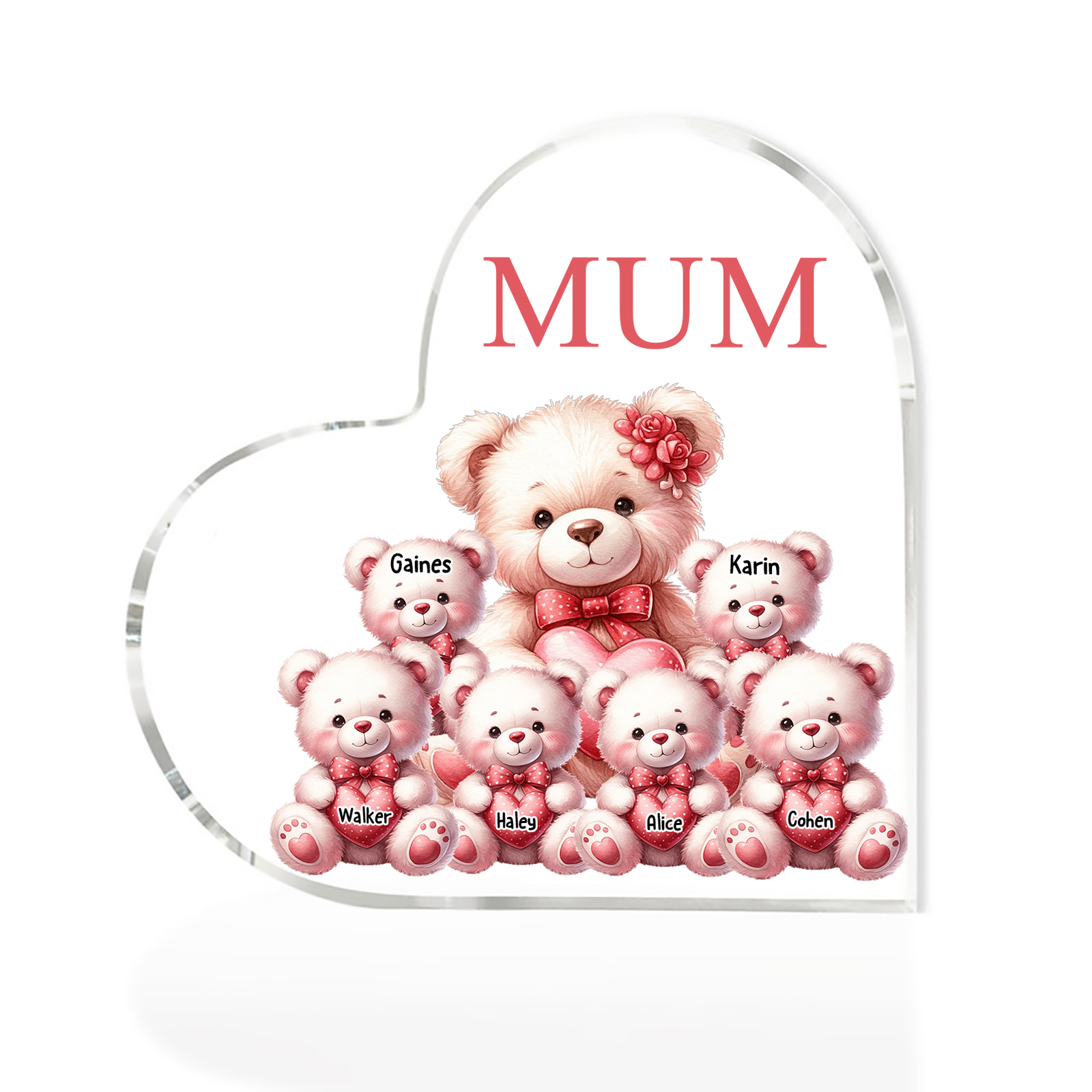 Personalised 6 Names&1Text Bear Heart-Shaped Acrylic Plaque – Custom Family Ornament Gift for Mum/Nan | Jessemade