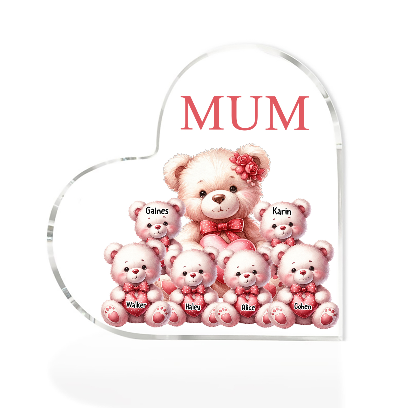 Personalised 6 Names&1Text Bear Heart-Shaped Acrylic Plaque – Custom Family Ornament Gift for Mum/Nan | Jessemade