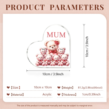 Personalised 6 Names&1Text Bear Heart-Shaped Acrylic Plaque – Custom Family Ornament Gift for Mum/Nan | Jessemade