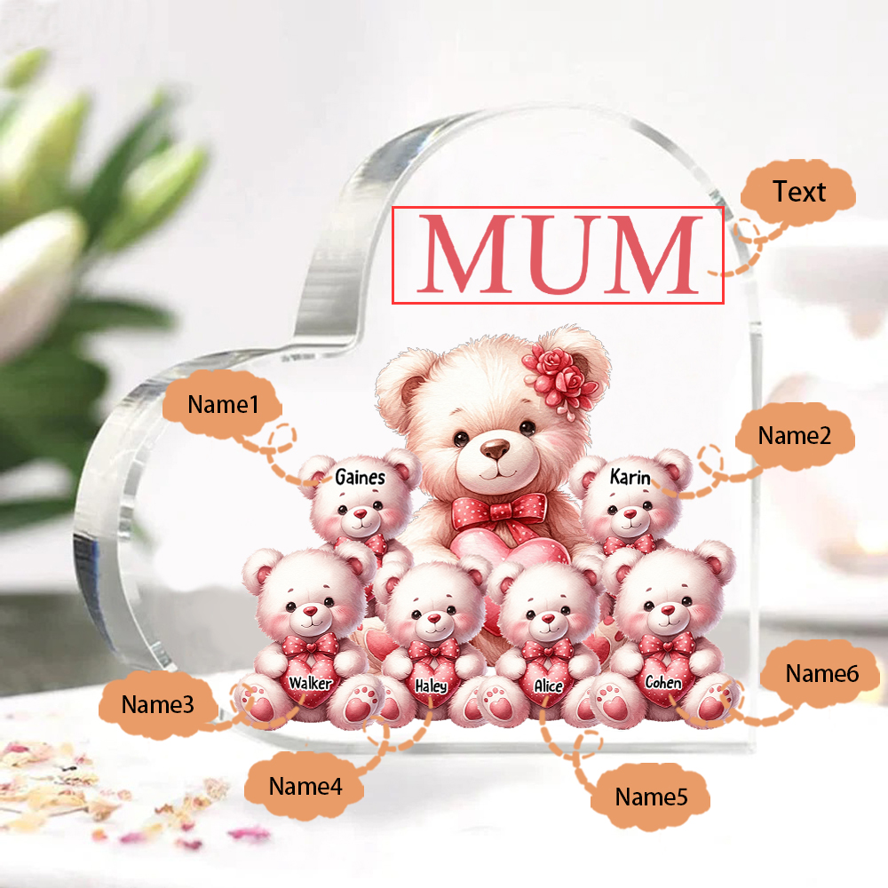 Personalised 6 Names&1Text Bear Heart-Shaped Acrylic Plaque – Custom Family Ornament Gift for Mum/Nan | Jessemade