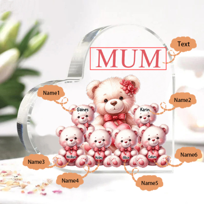 Personalised 6 Names&1Text Bear Heart-Shaped Acrylic Plaque – Custom Family Ornament Gift for Mum/Nan | Jessemade