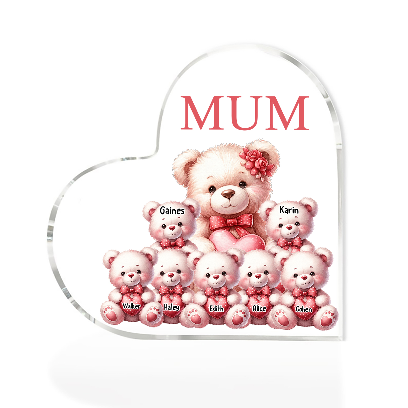 Personalised 7 Names&1Text Bear Heart-Shaped Acrylic Plaque – Custom Family Ornament Gift for Mum/Nan | Jessemade