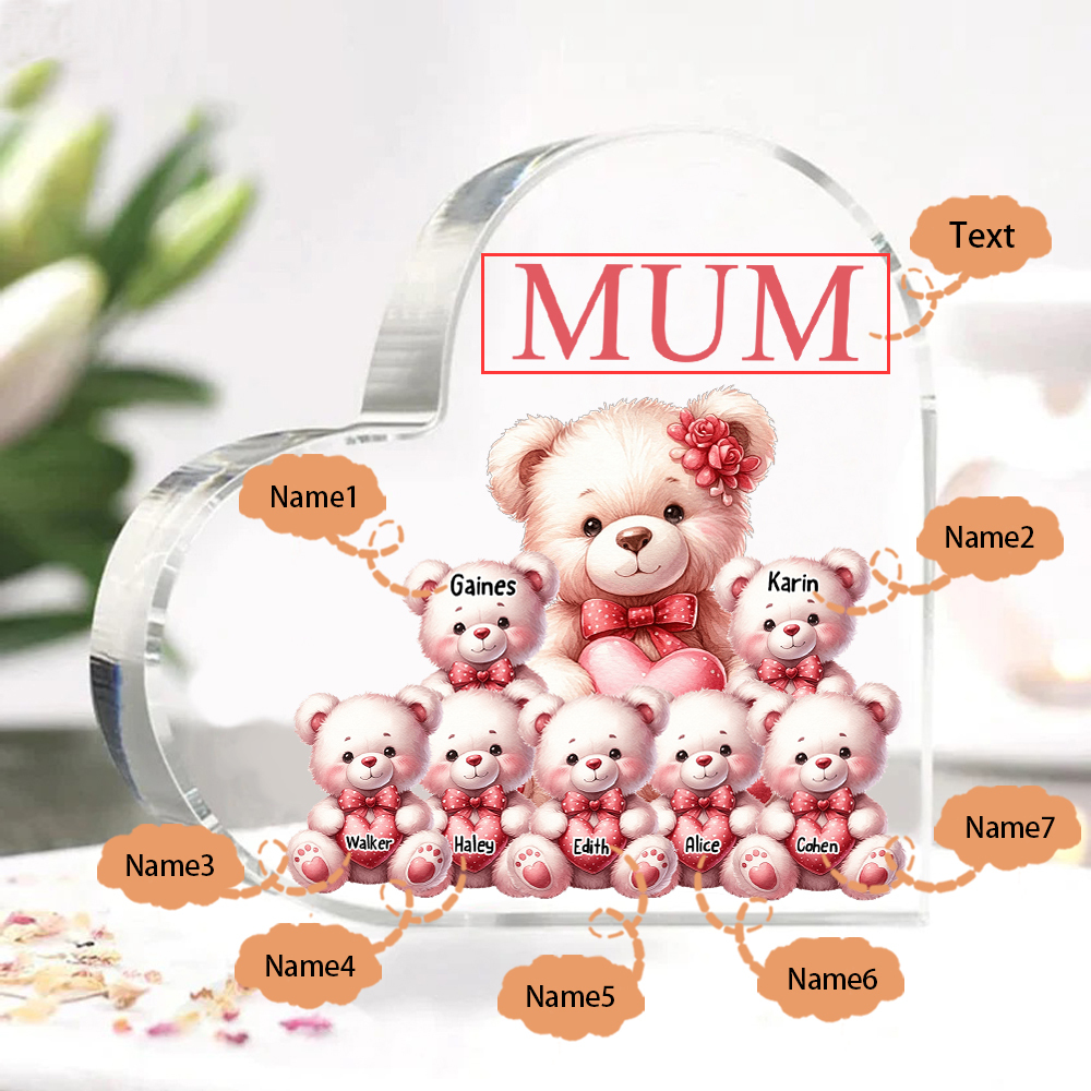Personalised 7 Names&1Text Bear Heart-Shaped Acrylic Plaque – Custom Family Ornament Gift for Mum/Nan | Jessemade