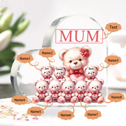 Personalised 8 Names&1Text Bear Heart-Shaped Acrylic Plaque – Custom Family Ornament Gift for Mum/Nan | Jessemade