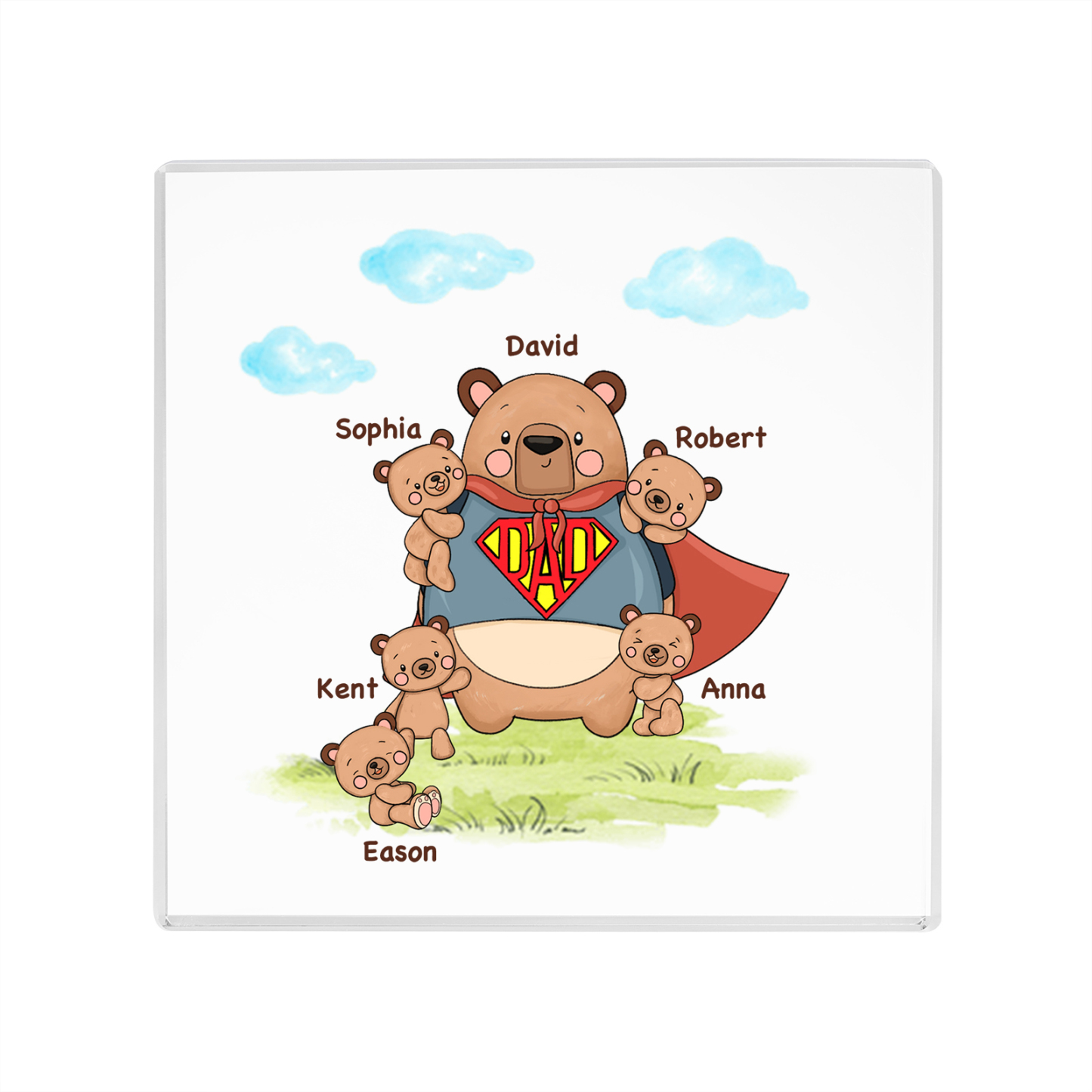 6 Names-Personalised Super Bear Family Acrylic Keepsake-Custom Text and Names-Acrylic Plaque Home Decoration Gift for Dad/Grandad