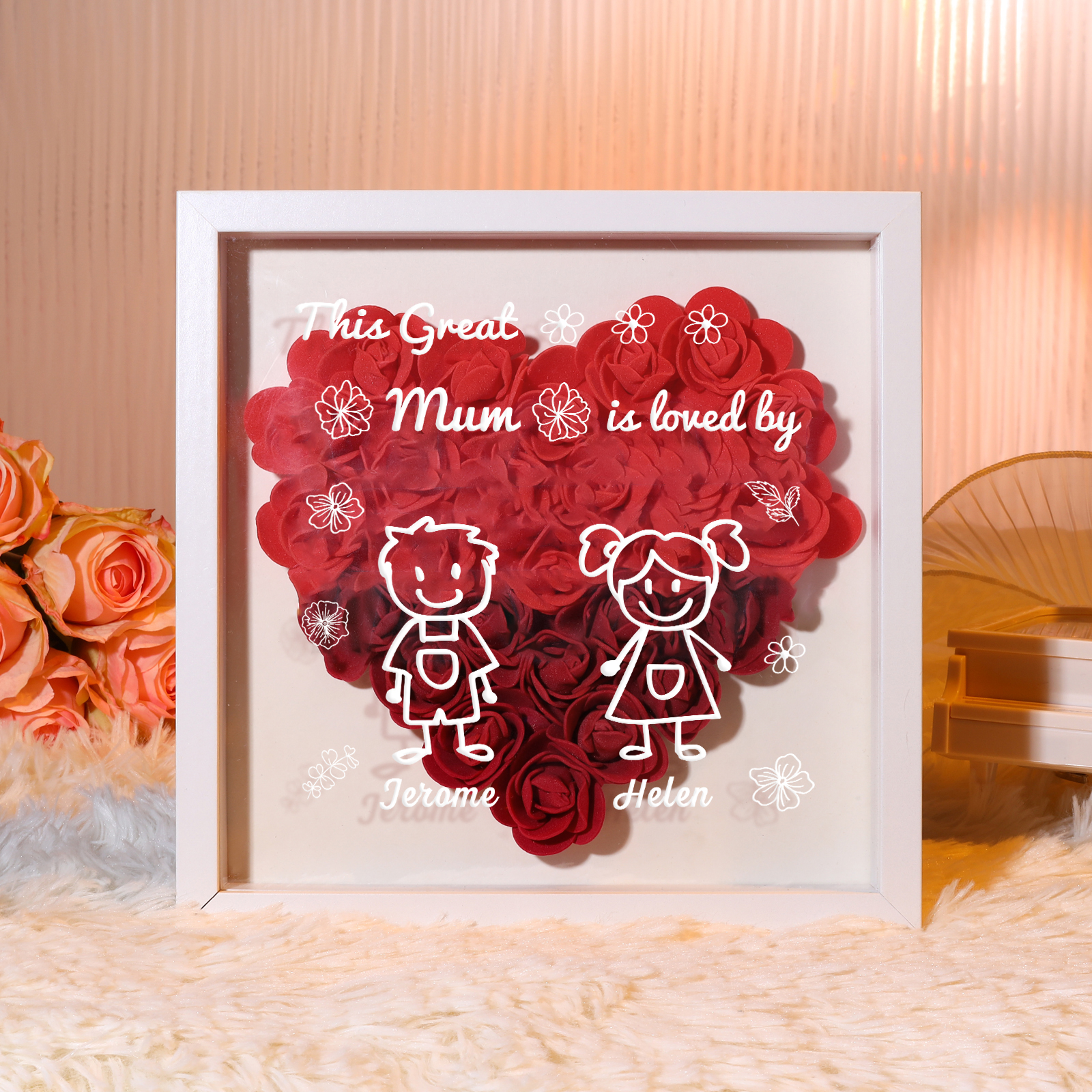 Personalised 3D Floral Shadow Box – Custom 2 Kids&Pets Names –This Great Mum Is Loved By- Gift for Mum, Nan & Loved Ones| Jessemade