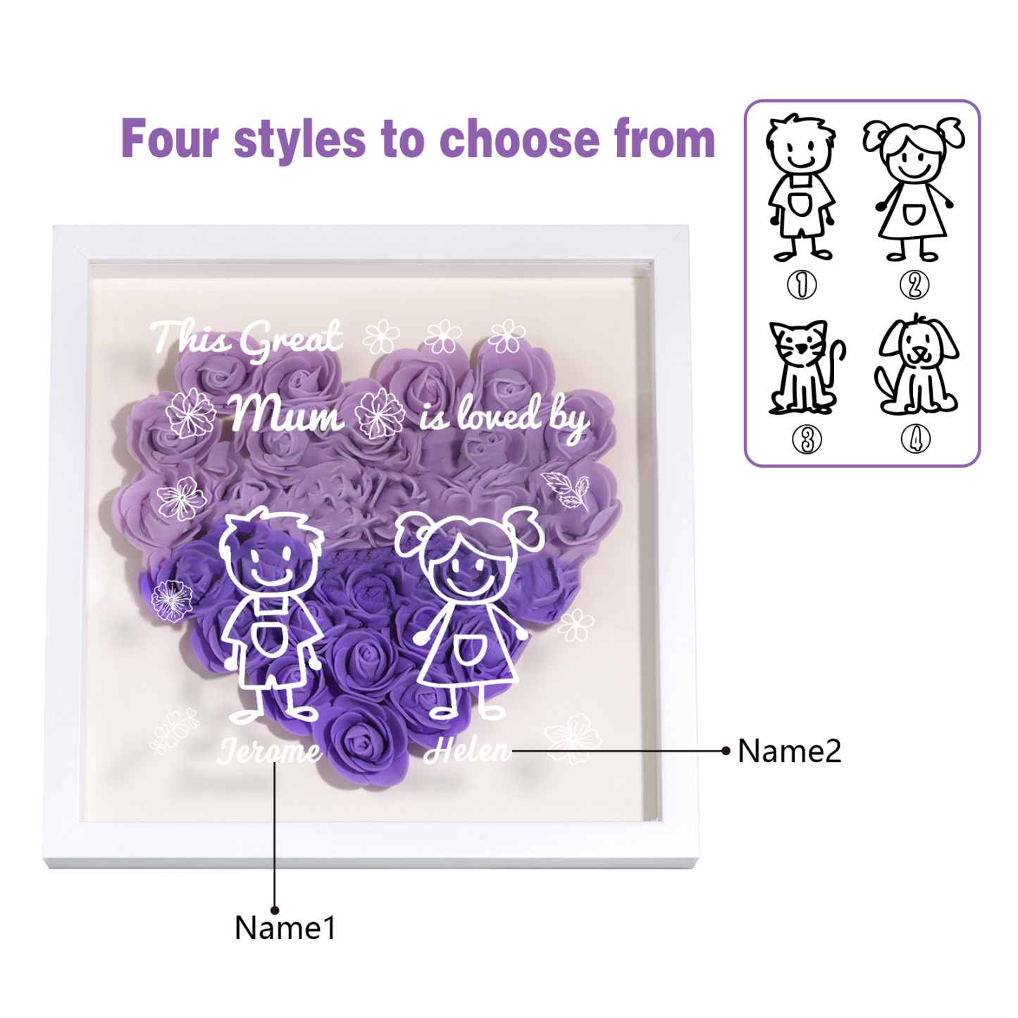 Personalised 3D Floral Shadow Box – Custom 2 Kids&Pets Names –This Great Mum Is Loved By- Gift for Mum, Nan & Loved Ones| Jessemade