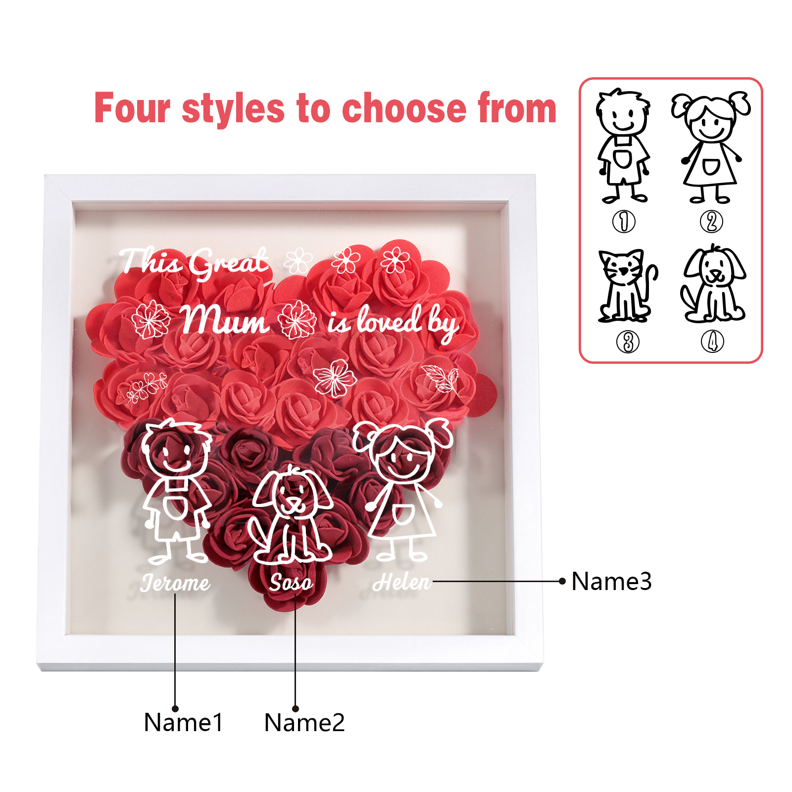 Personalised 3D Floral Shadow Box – Custom 3 Kids&Pets Names –This Great Mum Is Loved By- Gift for Mum, Nan & Loved Ones| Jessemade