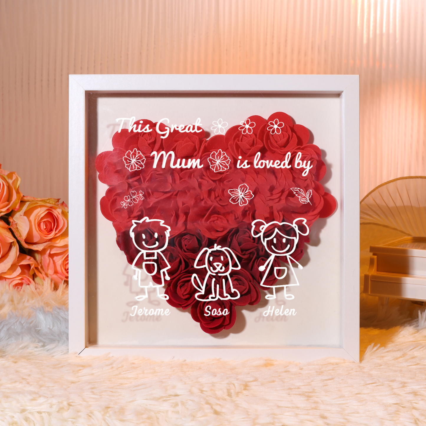 Personalised 3D Floral Shadow Box – Custom 3 Kids&Pets Names –This Great Mum Is Loved By- Gift for Mum, Nan & Loved Ones| Jessemade