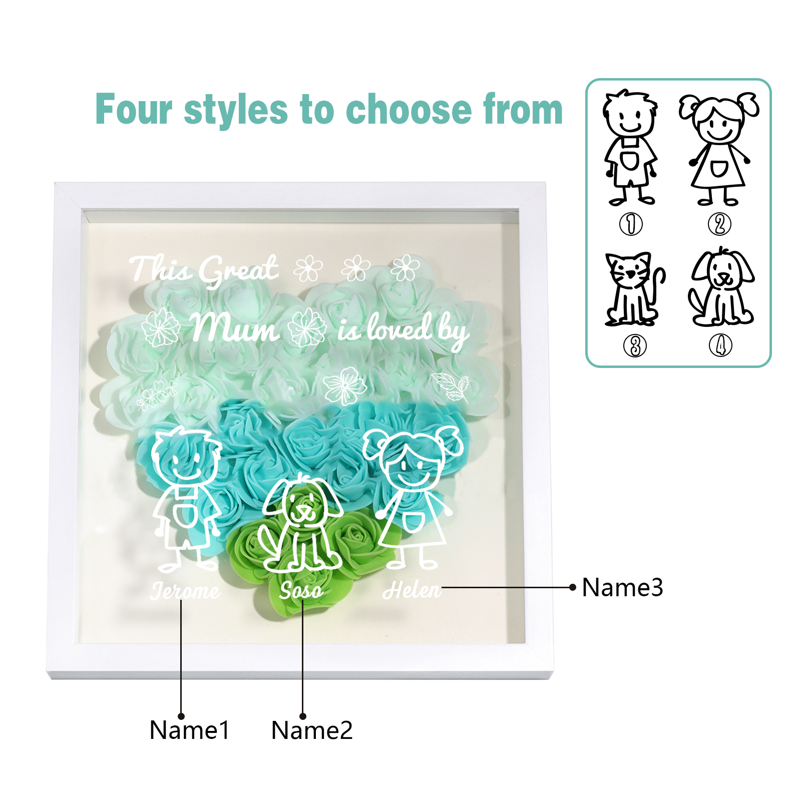 Personalised 3D Floral Shadow Box – Custom 3 Kids&Pets Names –This Great Mum Is Loved By- Gift for Mum, Nan & Loved Ones| Jessemade