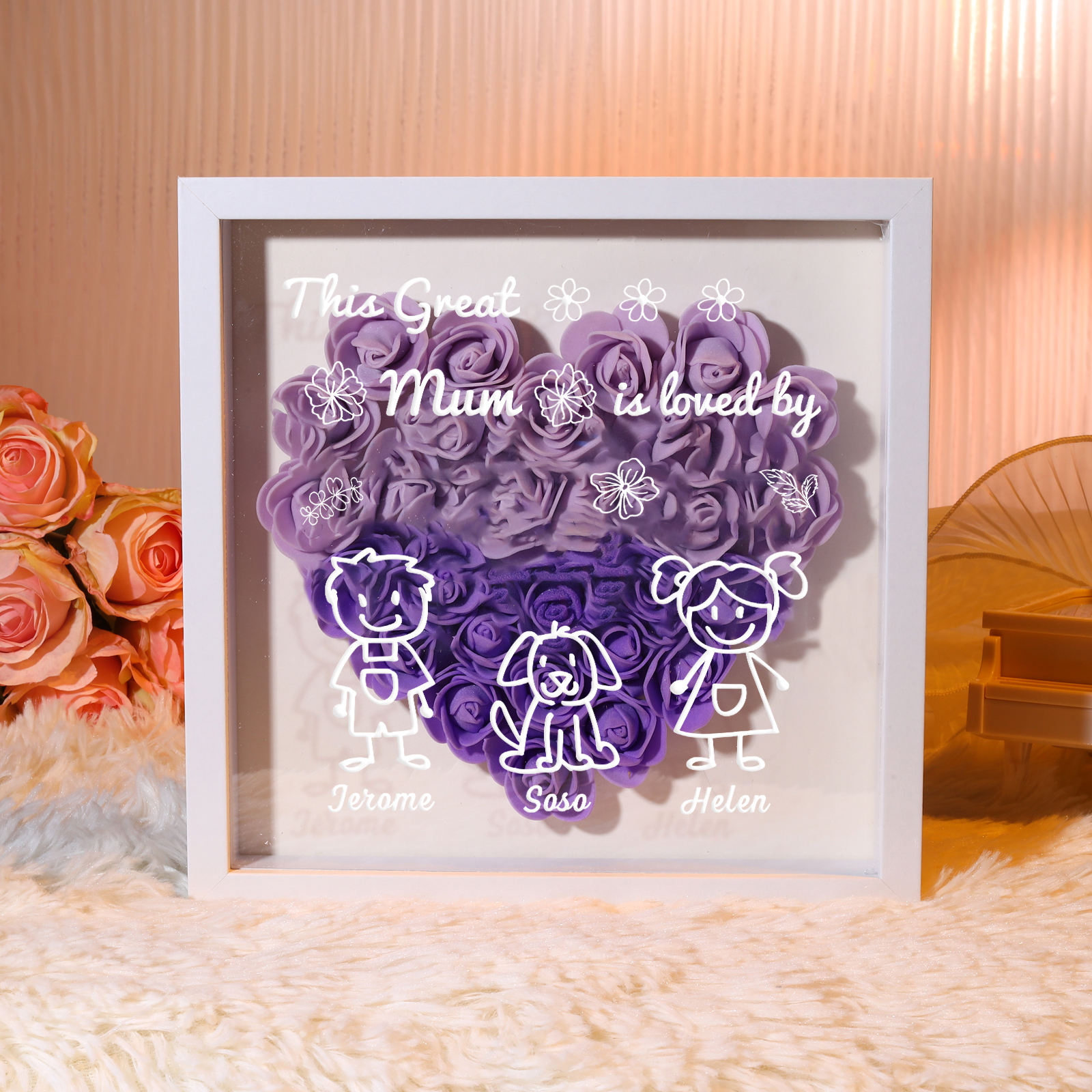 Personalised 3D Floral Shadow Box – Custom 3 Kids&Pets Names –This Great Mum Is Loved By- Gift for Mum, Nan & Loved Ones| Jessemade